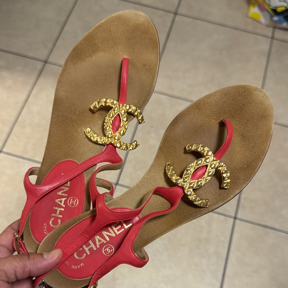 Chanel Red and Gold Sandals